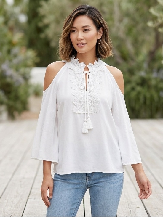 Faith of zoe Tops - White Cold-Shoulder Lace-Tie Blouse
